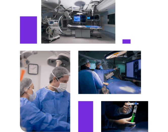 Colagem de fotos do ambiente hospitalar e centro cirúrgico do Mioma Care: sala de cirurgia moderna com braço de imagem e monitores, equipe médica paramentada durante procedimento minimamente invasivo, profissional preparando material cirúrgico com seringa, blocos gráficos roxos decorativos, fundo transparente, composição em colagem